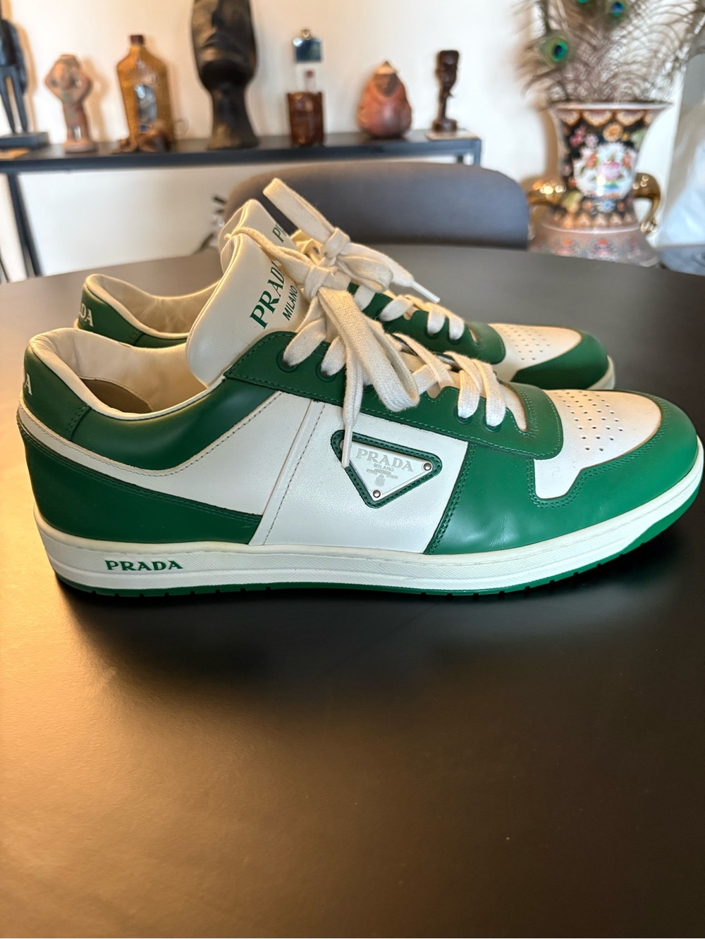 Prada Green and White Low-Top Leather Sneakers